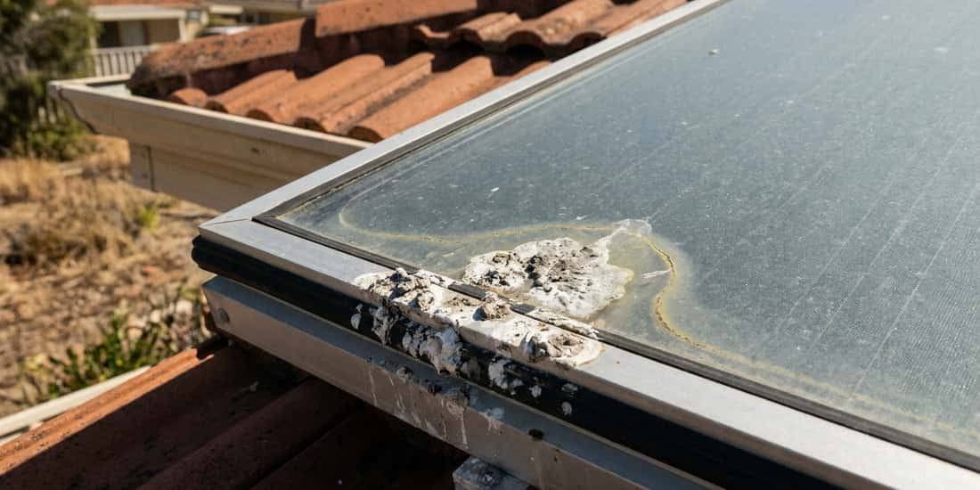 A solar panel corner with bird droppings and a yellowish stain trail on the glass, mounted on a tiled roof with houses visible in the background.