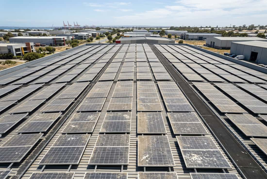 Commercial solar panel cleaning on a Perth business rooftop