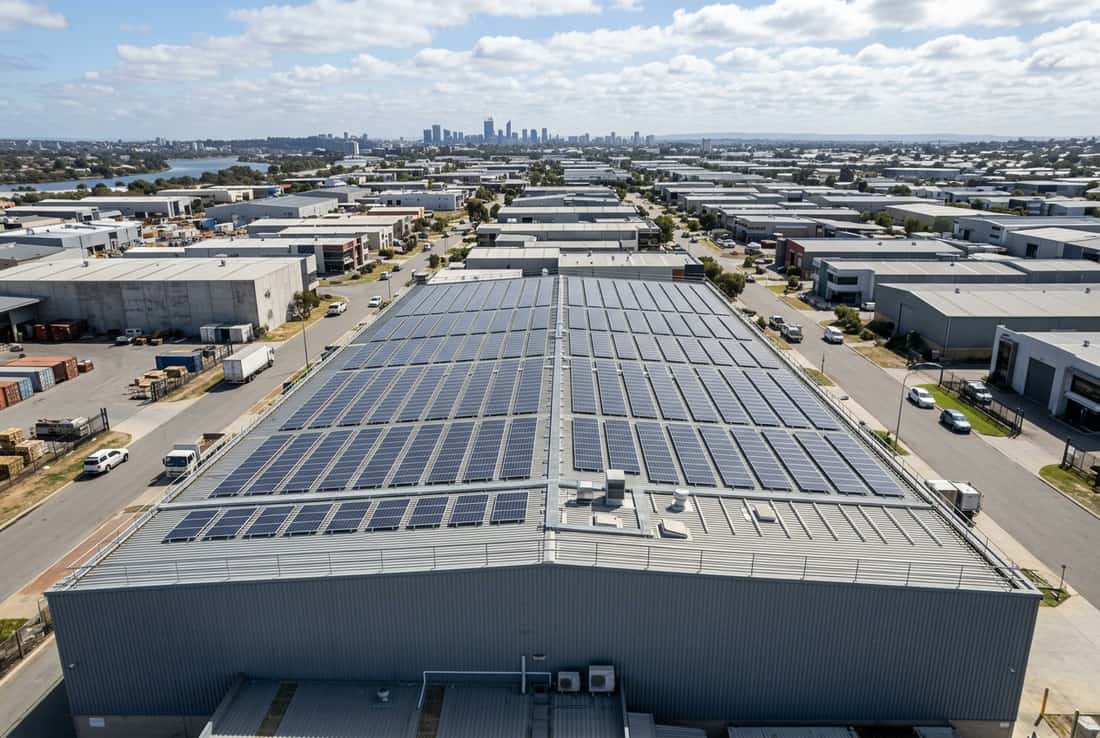 Commercial solar panels on an industrial roof in Perth