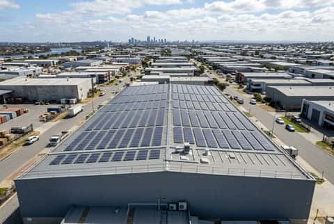 Commercial solar panels on an industrial roof in Perth