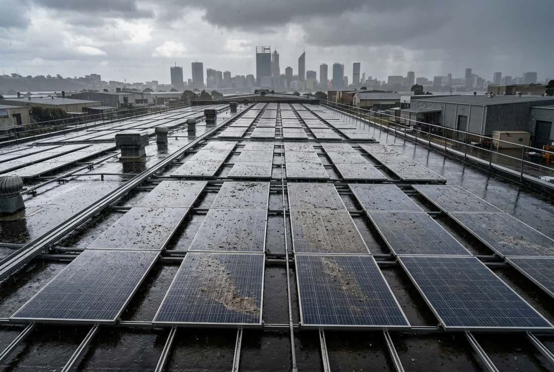 Rain over dirty commercial solar panels on a Perth business roof