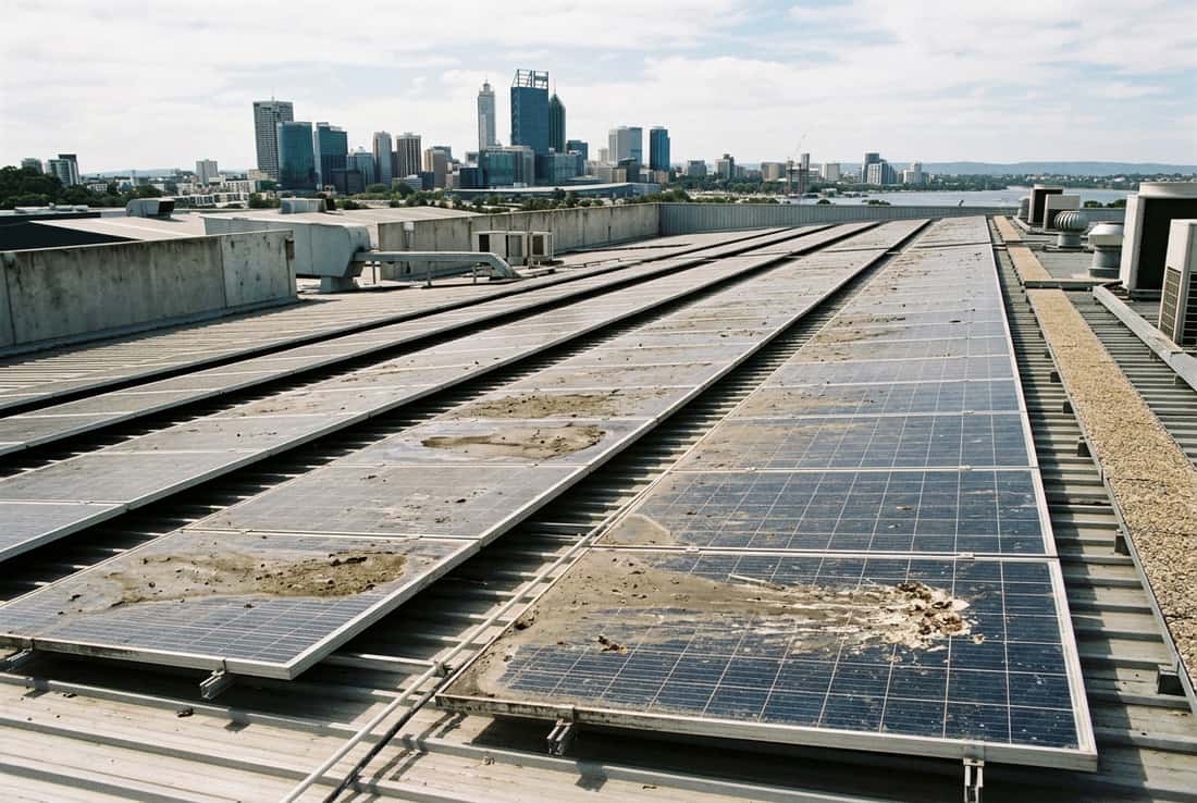 Dirty commercial solar panels on a Perth business property