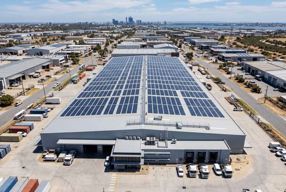 Warehouse rooftop solar panels on a Perth industrial property