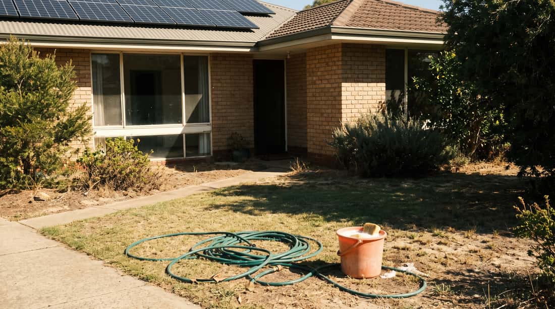 A modest Perth home with a coiled garden hose and a bucket and sponge left on the lawn, the DIY approach to cleaning solar panels compared with professional pure-water cleaning