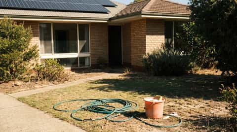 A modest Perth home with a coiled garden hose and a bucket and sponge left on the lawn, the DIY approach to cleaning solar panels compared with professional pure-water cleaning