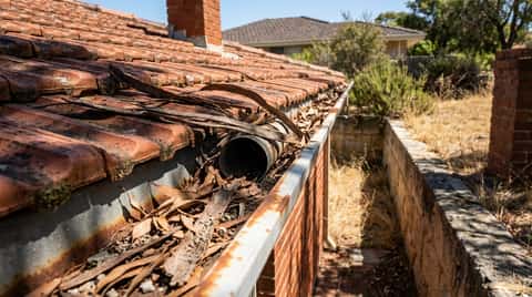 Gutter on a Perth terracotta tile roof packed with dry eucalyptus leaves and bark, the downpipe opening partly buried in debris