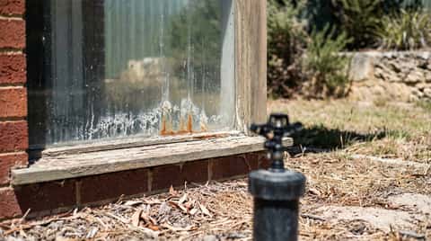 Close view of a Perth window pane with white mineral deposits and rust-orange bore water staining on the glass, a reticulation sprinkler in the garden bed below