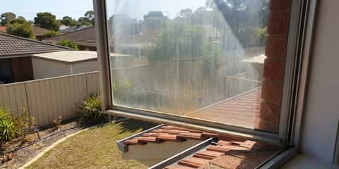 A window with heavy mineral water spots and streaking looks out over a tiled roof, brick wall, and suburban backyard with a colourbond fence and trees in the background.