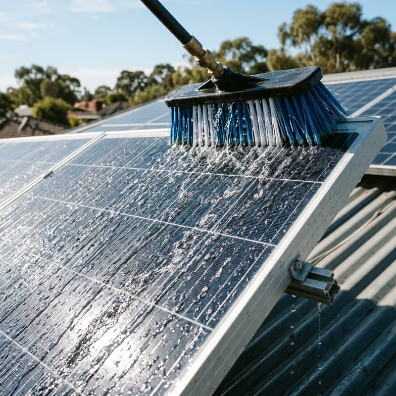 Water-fed pole brush cleaning a residential solar panel with water flowing across the glass