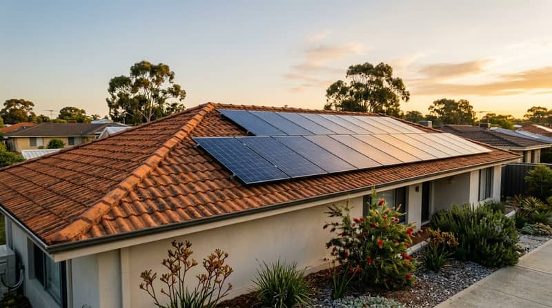 Clean residential solar panels on a Perth tile roof at golden hour