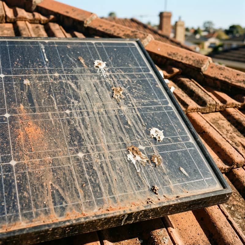 Dirty solar panels showing visible dust and grime build-up on a Perth home roof