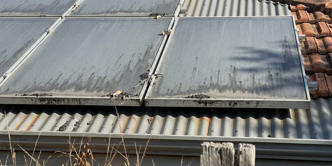 Two rows of solar panels mounted on a tiled and corrugated metal roof, covered in dust and ash streaks with debris caught at the panel frame joints.