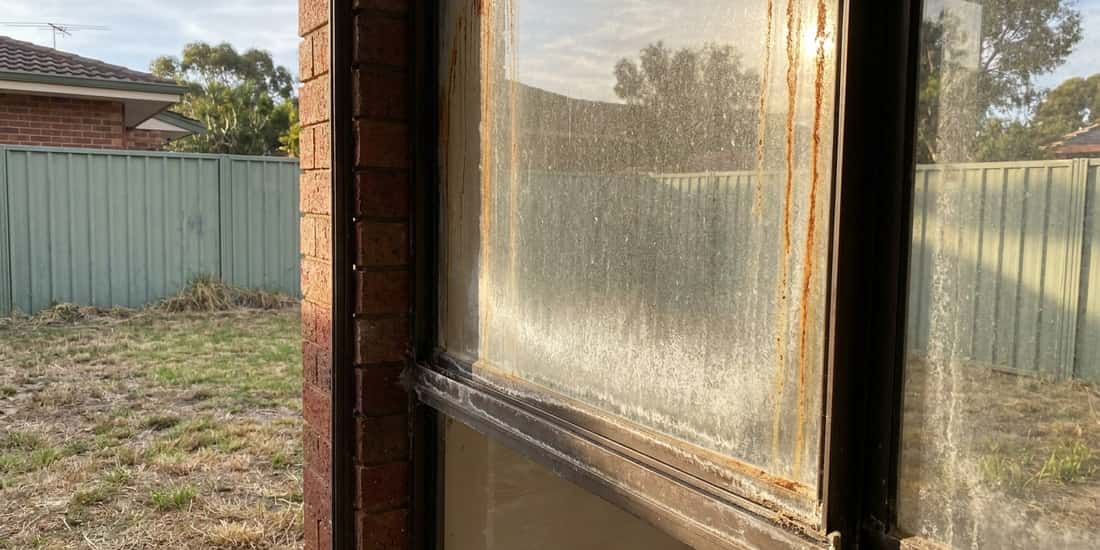 A dirty aluminium-framed window with rust streaks and white mineral buildup on the glass, viewed from beside a brick pillar with a backyard, colourbond fence, and trees visible in the background.