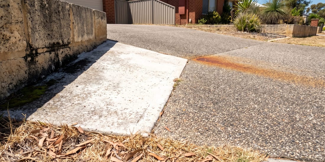 A driveway with exposed aggregate concrete meeting a plain concrete path, with rust-colored staining visible on the aggregate surface near a limestone wall.