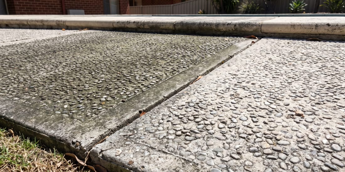 Close-up of two exposed aggregate concrete panels divided by a joint, with a brick house, fence and plants in the background.