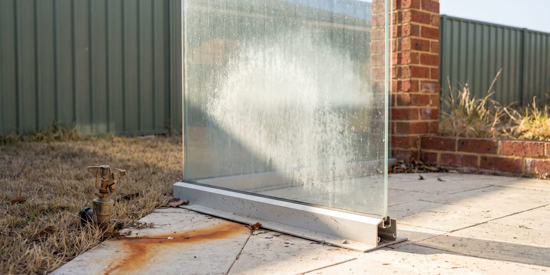 A glass balustrade panel with heavy water-spot smearing stands in an aluminium base channel on a paved patio, with a rust stain on the pavers beside it.