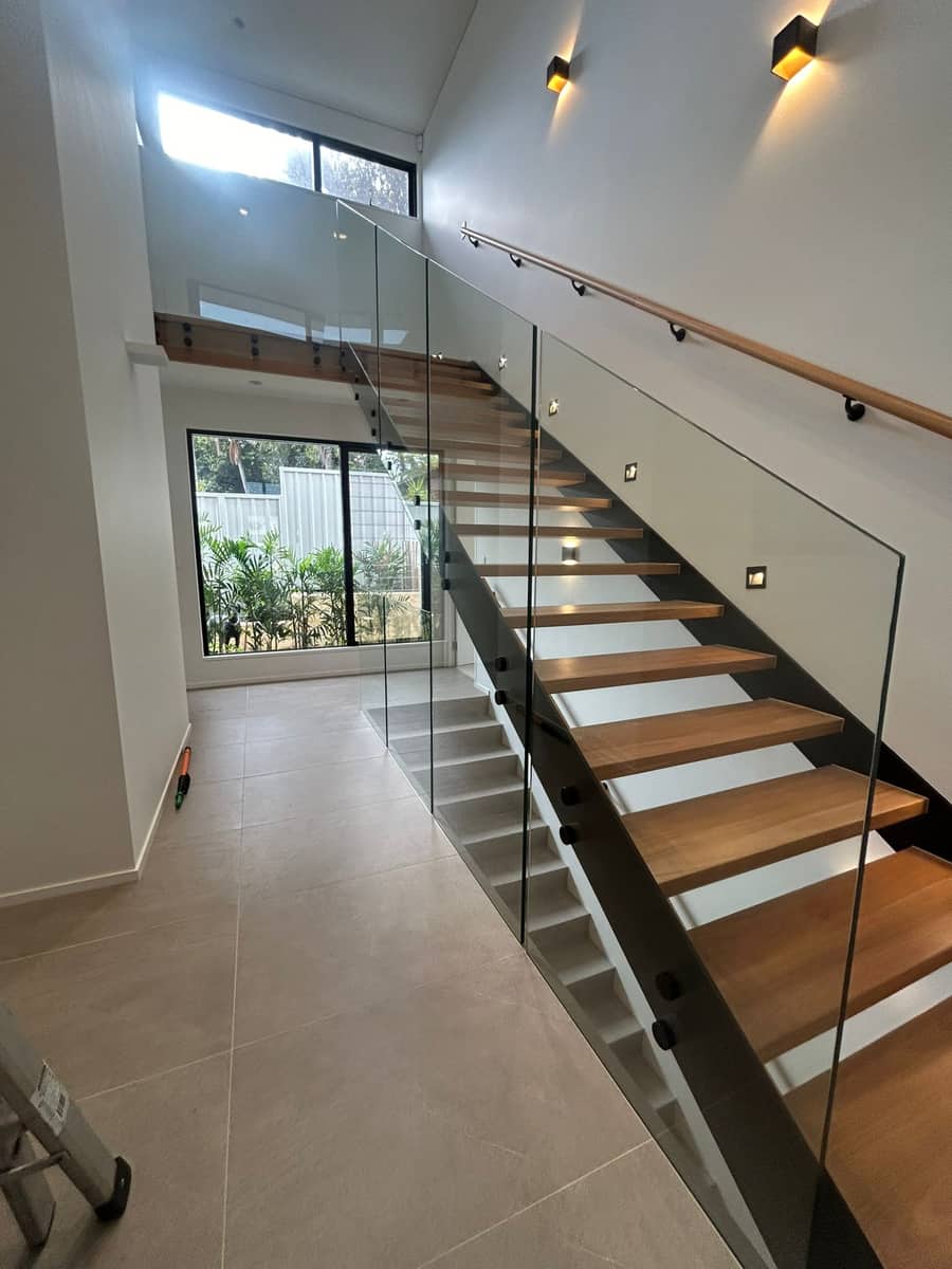 Interior glass stair balustrade after cleaning, Perth home renovation