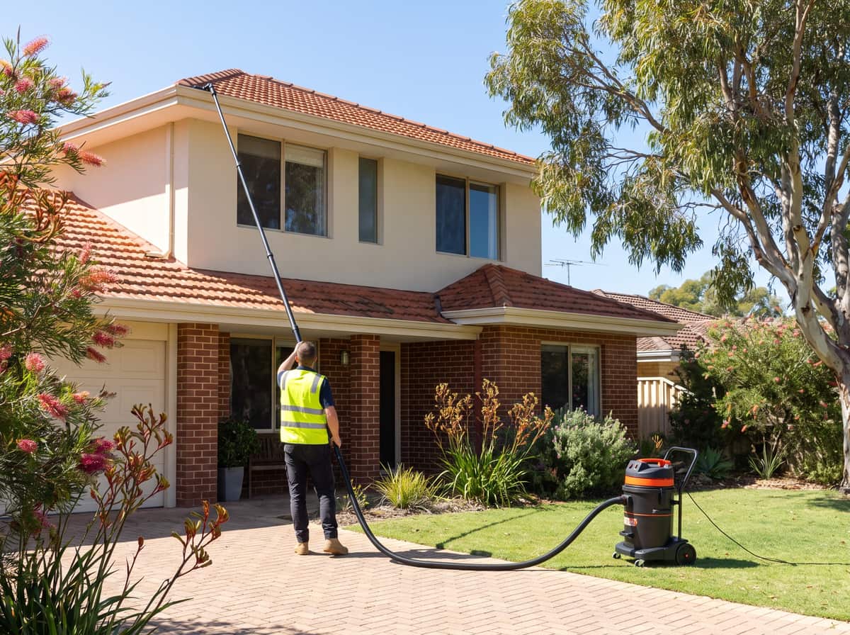 Technician using a gutter vacuum system to clear leaves from a two-storey Perth home