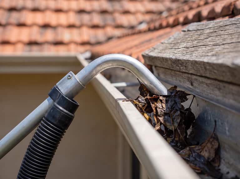 Close-up of a gutter vacuum nozzle clearing wet leaves and debris from a residential gutter