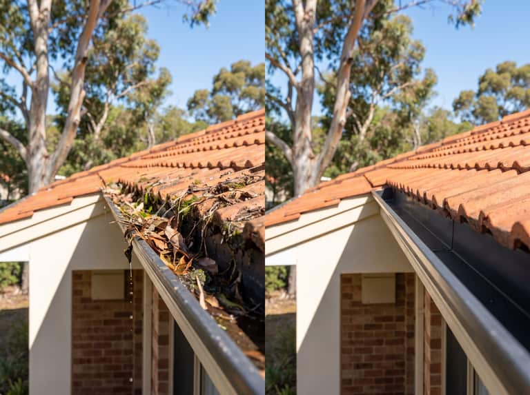 Split view of a residential gutter, one half clogged with dead leaves, the other half clean and clear
