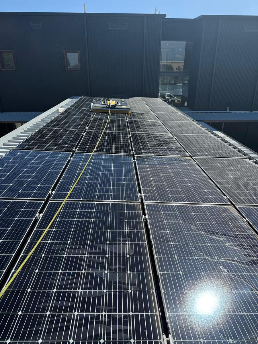 Solar panels showing a clean strip next to dirtier panels, glass commercial building behind, Perth