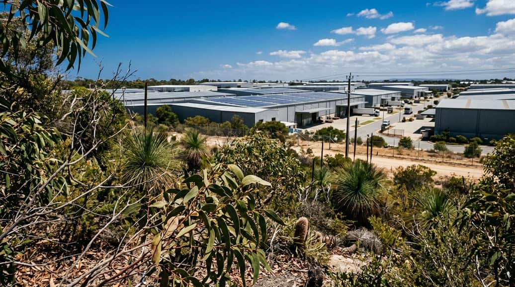 Bibra Lake light industrial estate seen across native scrub, rows of large warehouse sheds, Perth WA