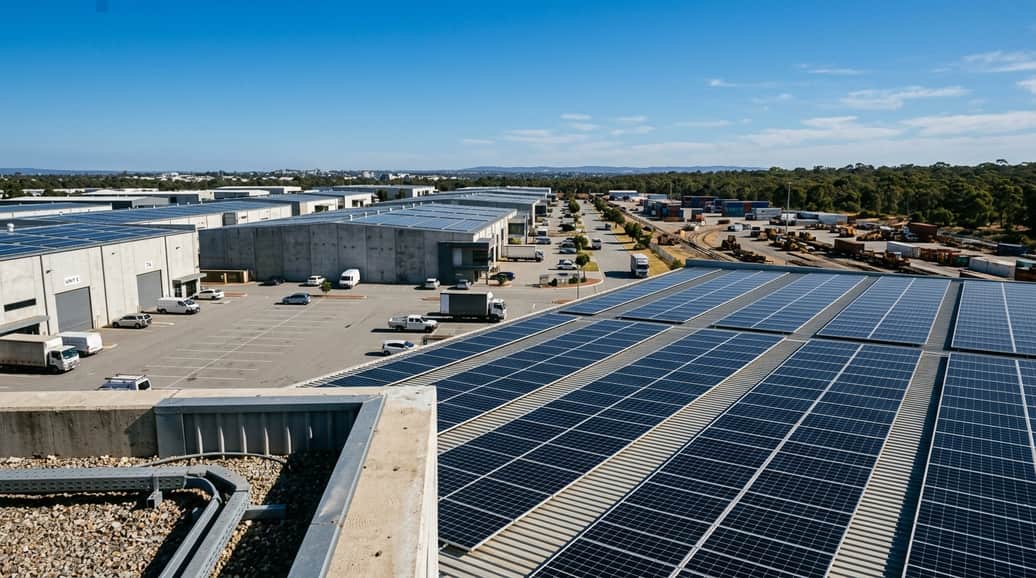 Aerial view of Canning Vale light industrial estate with commercial solar panel arrays, Purified Group Perth WA