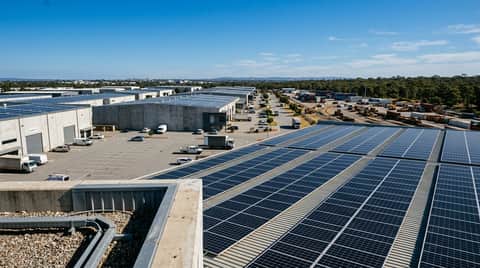 Aerial view of Canning Vale light industrial estate with commercial solar panel arrays, Purified Group Perth WA