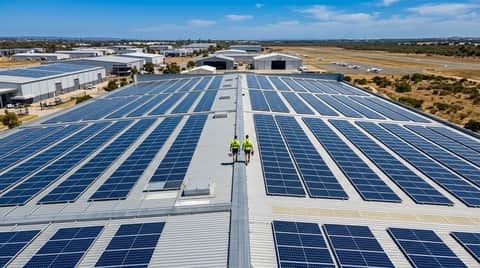 Aerial drone view of commercial solar panel cleaning on a Jandakot industrial rooftop, Perth WA