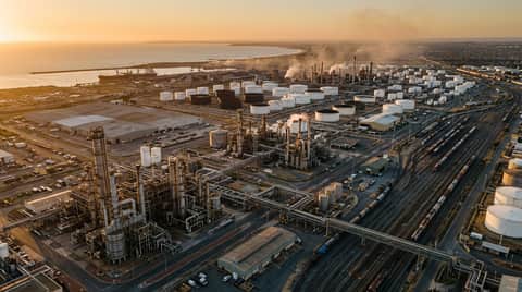 Aerial view of heavy industrial buildings in the Kwinana Industrial Area with large flat-roof solar arrays, Perth WA