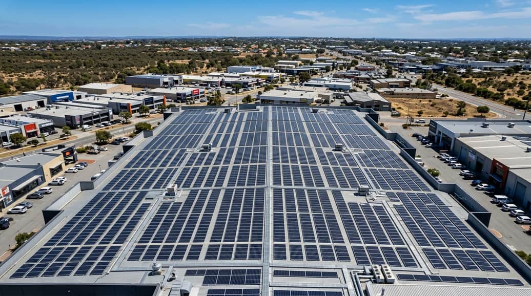 Aerial view of commercial solar panel cleaning on a Myaree showroom rooftop, Perth WA
