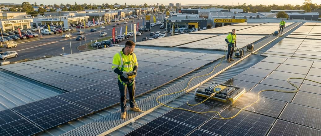 Aerial view of commercial solar panel cleaning operation on an Osborne Park showroom rooftop, Perth WA