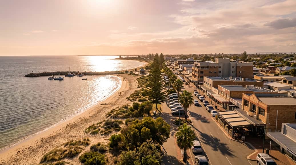 Rockingham foreshore at golden hour, esplanade shopfronts and low-rise buildings along the beach, Perth WA