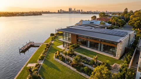 A prestige architectural home on the Swan River foreshore, solar panels visible on the roof, Applecross