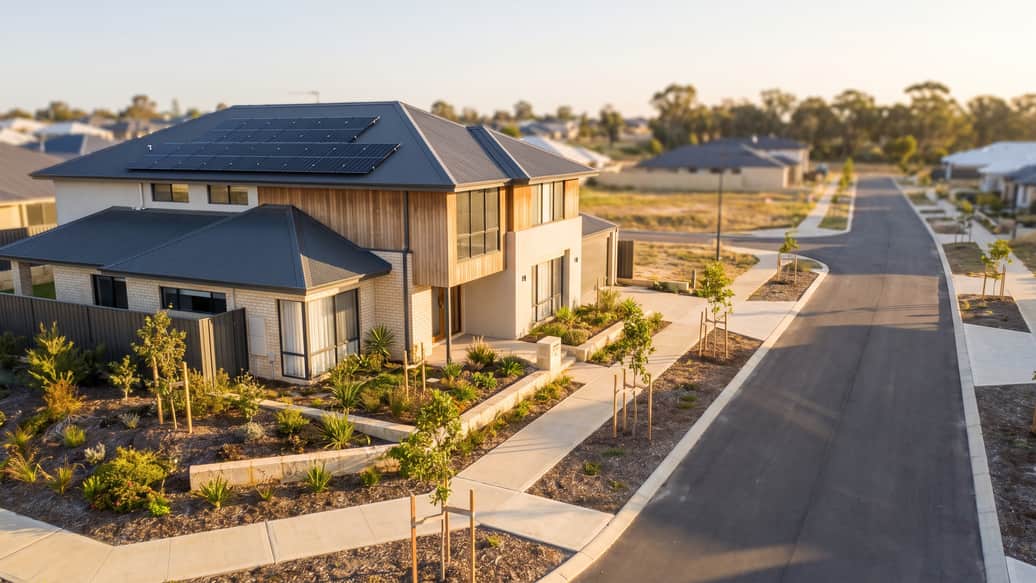 A newly built double-storey home with solar panels in a new housing estate, Atwell