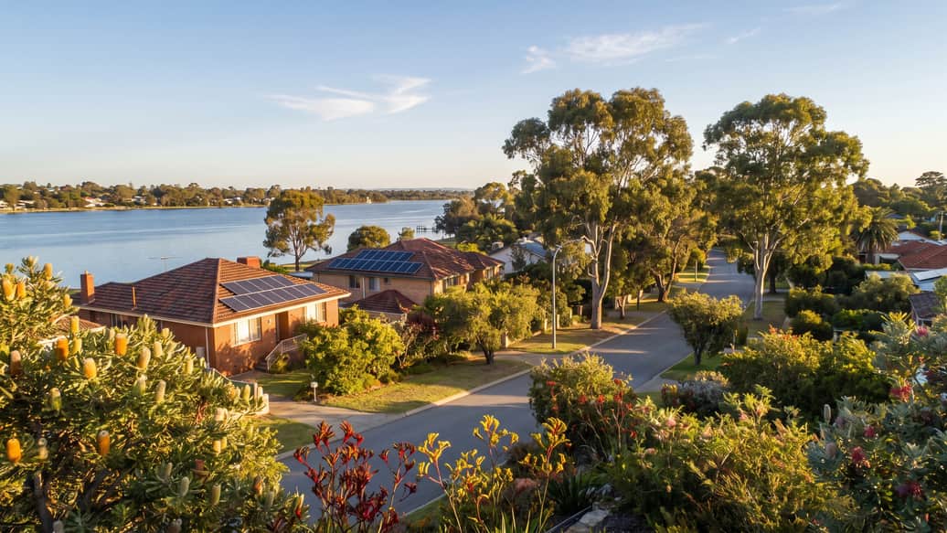 A Perth riverside suburb under jacaranda and gum trees, a home with solar panels visible, Bull Creek