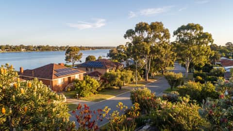A Perth riverside suburb under jacaranda and gum trees, a home with solar panels visible, Bull Creek