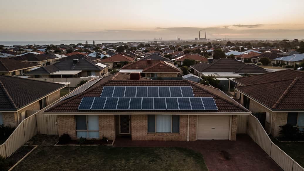 A beachside Perth home with solar panels under a hazy coastal sky, Coogee