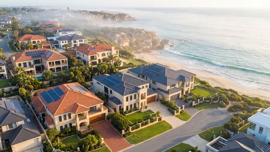 A Perth coastal suburb near the beach, a home with solar panels visible, Cottesloe