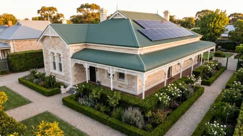 A heritage limestone Federation cottage with solar panels on the tin roof, Fremantle
