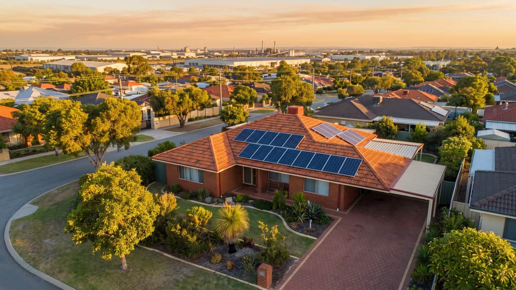 An established Perth home with solar panels, an industrial precinct visible on the horizon, Hamilton Hill