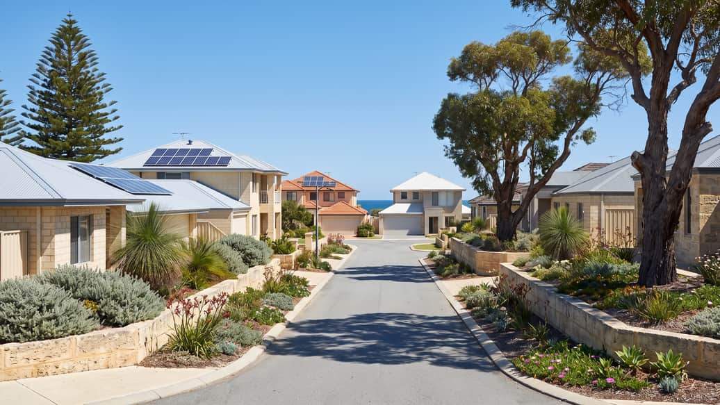 A Perth coastal suburb near the beach, a home with solar panels visible, Hillarys