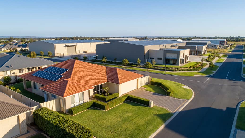 An established Perth home with solar panels, an industrial precinct visible on the horizon, Orelia