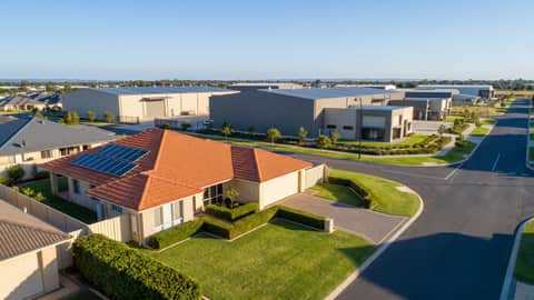 An established Perth home with solar panels, an industrial precinct visible on the horizon, Orelia