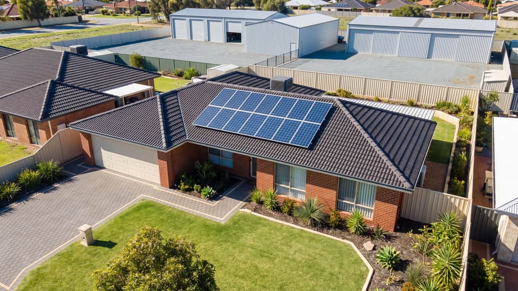 An established Perth home with solar panels, an industrial precinct visible on the horizon, Parmelia