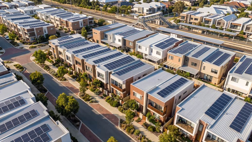 A contemporary townhouse with solar panels in a planned residential precinct, Joondalup