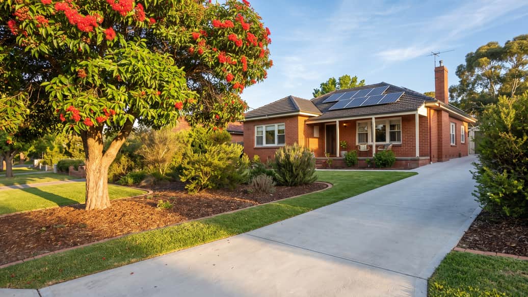 A leafy Perth suburban street with mature trees, a home with solar panels visible, Kardinya