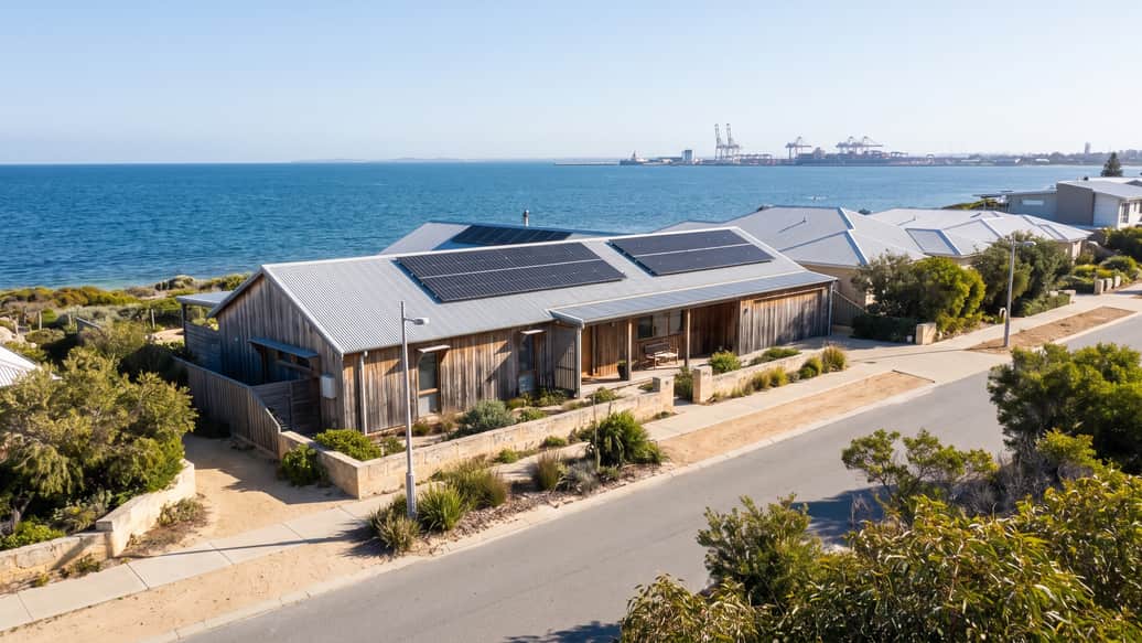 A beachside Perth home with solar panels under a hazy coastal sky, Kwinana Beach