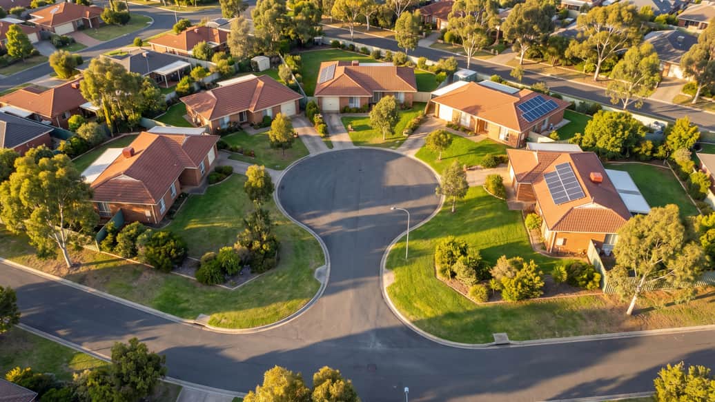 A leafy Perth suburban street with mature trees, a home with solar panels visible, Leeming