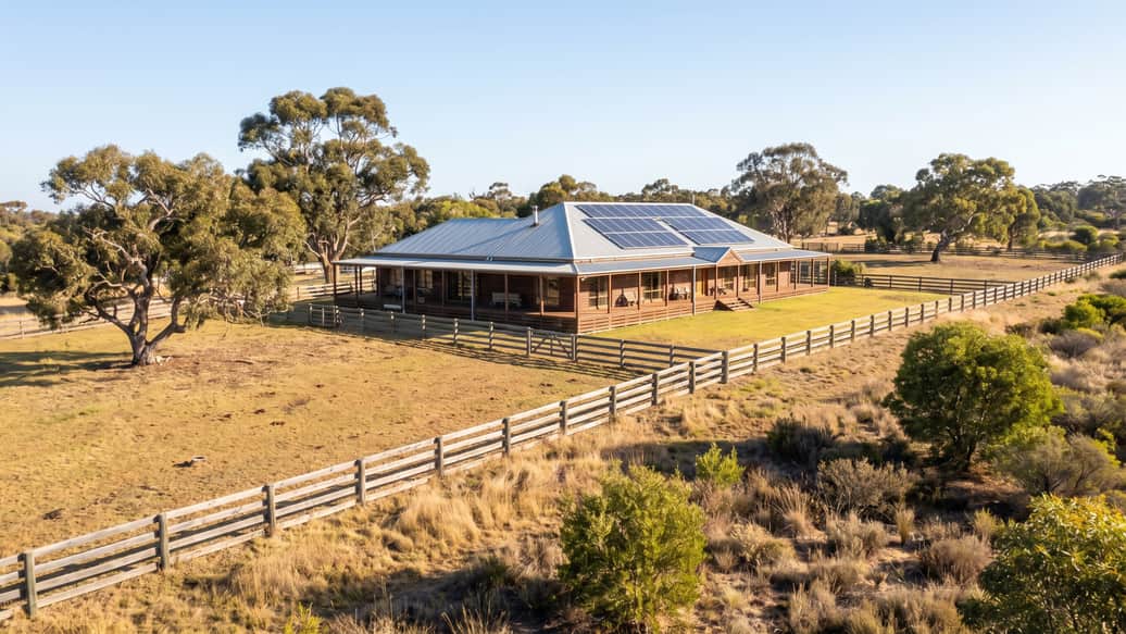 A rural-residential home with solar panels on a larger acreage block, Mandogalup
